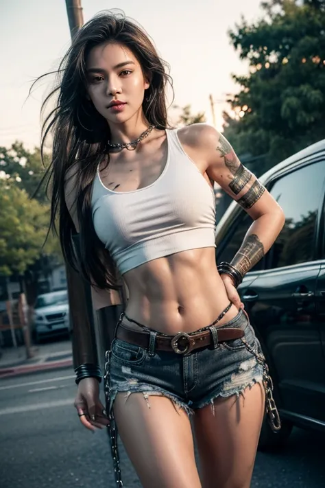 8k, Masterpiece, best quality, realistic, very detailed, 1 woman, healthy body,Have a six pack,Healthy body,The body has clearly defined muscles., realistic skin texture, big breasts, staring at the audience, ripped crop top, Short t-shirt, Torn tank top, ...