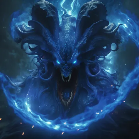 (best quality,4k,8k,height,Masterpiece:1.2),very detailed,(realistic,photorealistic,photo-realistic:1.37),A giant three-faced demon from another dimension was summoned from a magic circle., The horror of the universe, A deformed head with twisted tentacles...