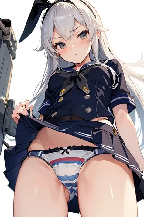 masterpiece, best quality, ultra detailed, ((striped panties)), (cowboy shot, crotch is close-up:1.2, ground-level, from below, mini skirt, KanColle Shimakaze, from front),