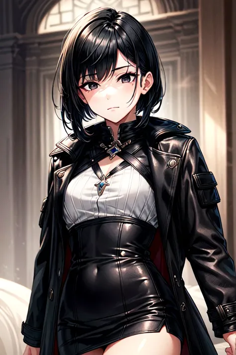 masterpiece, best quality, 1women, adult, female focus, solo, medium black hair, vibrant black eyes, looking at viewer, closed mouth, emo, Fantasy aesthetics, Highly detailed, shadowverse style, leather coat