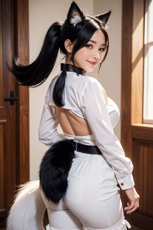 ((highest quality, 8k)), ((masterpiece)), (Get used to it), Perfect Face, Fox Girl, Black Hair Girl, Beautiful woman, public, There is a tail, she has a fluffy tail, She has a white cat&#39;s tail, she shows her tail, smile, Dog collar, She wears a maid ou...