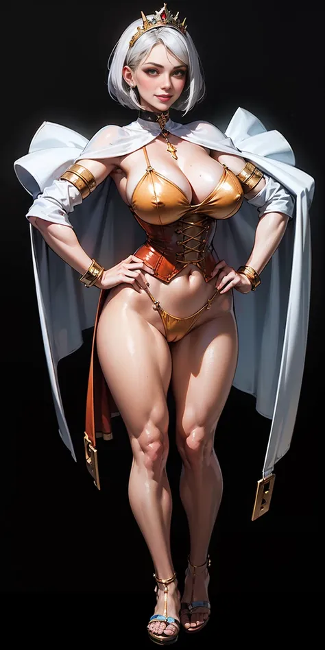 ((BLACK BACKGROUND,1:2, masterpiece)), full body MILF BIMBO standing with two long thighs and two high heels, red eyes, silver white hair, short bob style hair, big breasts, cleavage, separate sleeves, tiara royal, long cape up to two feet, yellow bikini, ...