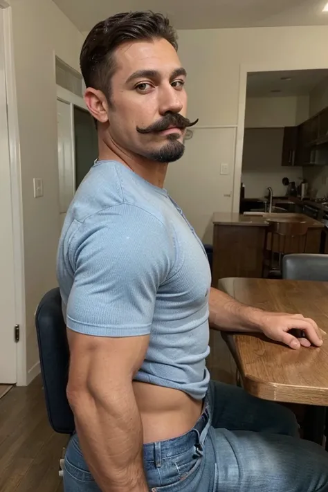 an incredibly handsome and attractive young man with big muscles, con bigote y barba corto, mustache, beard, Big muscular body , 40 years old with short dark blonde hair and light brown eyes., cuerpo completo, muy nalgon, angular jaw, Alto y muscular, vaqu...