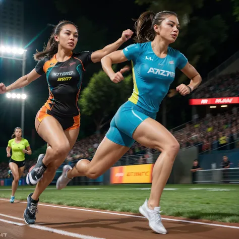 A running athlete in motion blur, glowing neon lights, vibrant colors, dynamic energy, high-speed action, athletic physique, professional athletic performance, thrilling competition, intense speed, motion trails, fast movements, dynamic poses, sportsmanshi...