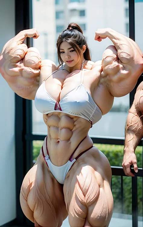 8K、photograph、highest quality、masterpiece、vivid、Small face、Korean Beauty、Asian Beauty、smile、brown hair、Medium Hair、Fluffy Hair、Micro Bikini、、Female Bodybuilder、Insanely huge muscle women:1.8、Huge muscles, very large and taut:1.8、Oversized huge muscles:1.8、...