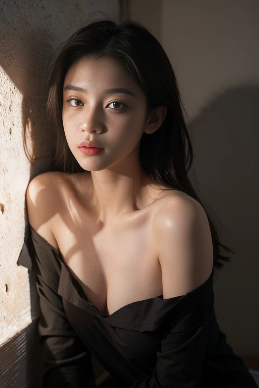 best quality, Masterpiece, Ultra high resolution, (realistic:1.4), raw photos, 1 girl, Off the shoulder, in the dark, deep shadow, low voice, cool light, Fine skin