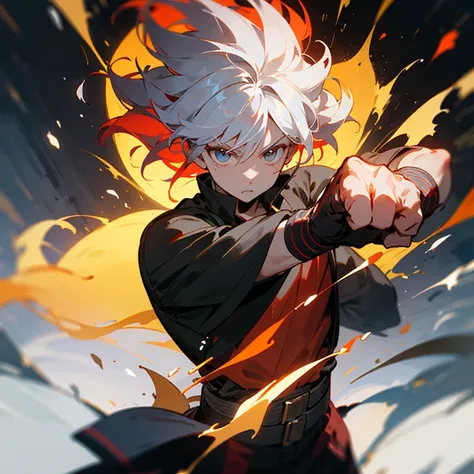 Quiero una imagen de un personaje de anime con ropa oscura, quiero que su pelo se de color blanco y sus ojos rojos, that he is in a combat pose and that his fists are covered in fire, I want the image to weigh less than 5m and its measurements to be 1000*1...