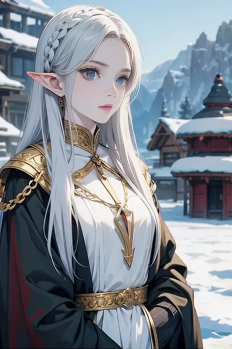 pale skin, sophisticated, elf, winter armor, glaring at viewer, destroyed village,