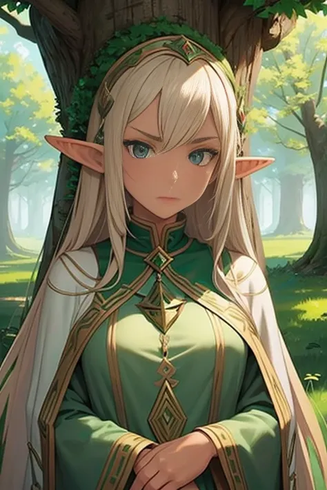 Tan skin, elf, Forest armor, glaring at viewer, tree village,