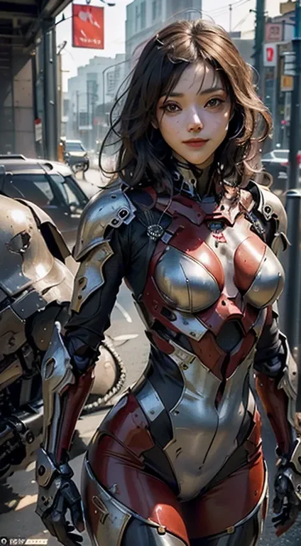 (Masterpiece), (Best quality), Photorealism, Realistic, Ultra detailed, Perfect face, Perfect body, 1girl, Beautiful girl, Girl in red armor, mechasuit, Mechanical armor, exoskeleton, Stand, Cool pose, Sexy, facing forward, athletic, wry smile, smirk, conf...