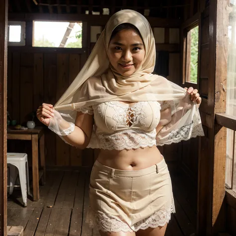 A 52 years old Indonesian woman in cream color hijab, wearing cream color bra, wearing very short see-through cream color lace skirt, skirtlift, villager, poor woman, darker skin, curvier body, short body, smiling and standing alone in an old wooden house,...