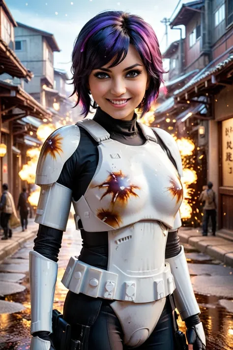 watercolor splash photo sabine wren, big breast ,big smile, ], wearing storm trooper armor at tanzaku town. art by aliza razell,...