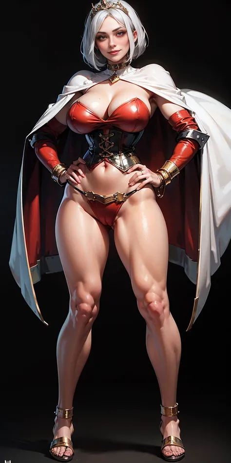 ((BLACK BACKGROUND,1:2, masterpiece)), full body MILF BIMBO standing with two long thighs and two high heels, red eyes, silver white hair, short bob style hair, big breasts, cleavage, separate sleeves, tiara royal, long cape up to two feet, yellow bikini, ...