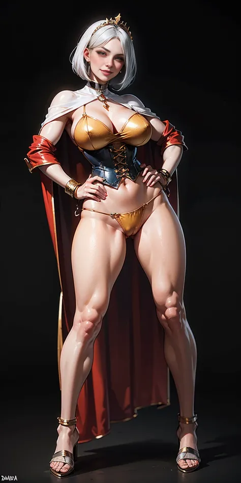 ((BLACK BACKGROUND,1:2, masterpiece)), full body MILF BIMBO standing with two long thighs and two high heels, red eyes, silver white hair, short bob style hair, big breasts, cleavage, separate sleeves, tiara royal, long cape up to two feet, yellow bikini, ...