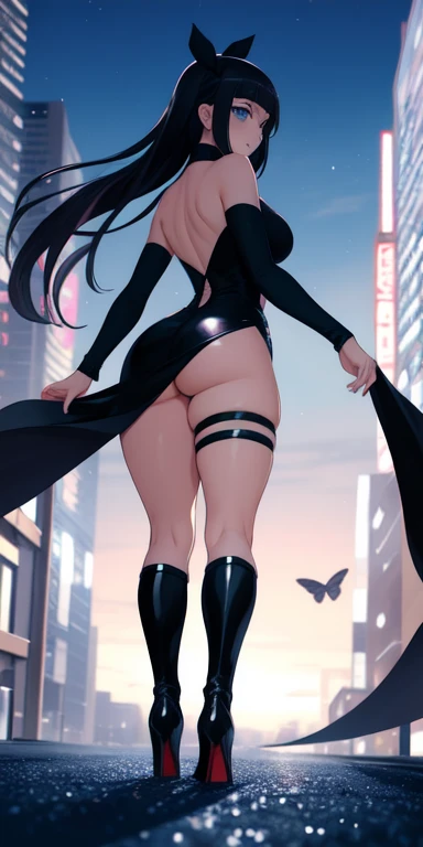 Hinata huga(boruto) hinata(work of art), (masterpiece), (best quality), a black headed girl, (blue eyes), black clothes, big , showing beautiful backside, backside, brightly lit night city background, red bow, butterflies in golden circle, flowing hair , b...