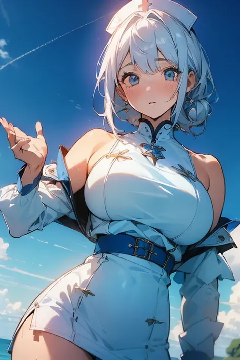 (Low Saturation:1.5),anime,1girl,pov,masterpiece,high quality,High resolution,HD,4K,8K,viscous paint,photo realistic,white hair,(Blue clothe:1.5),Nurse,Ao Dai,Cape,(open shoulders:1.4),underbust,breast upperside wrinkles,(boob shaped clothes:1.3),