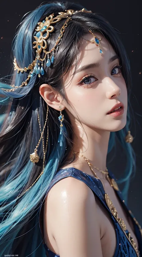 belly dancer、About 20 years old、1 female、Sparkling costumes mainly in blue、pasties、cabelos preto e longos、Beautiful face、A detailed face、Beautiful woman with well-formed eyes and nose、Beauty Dancer、slenderbody、Extraordinary Beauty、Sexy costume、Belly Dance ...