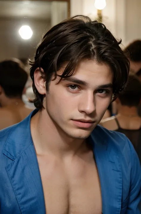 Portrait of a handsome male model in the club, 18 ans, Barechest, sans barbe, with short wavy hair, yeux bleus, thick lips