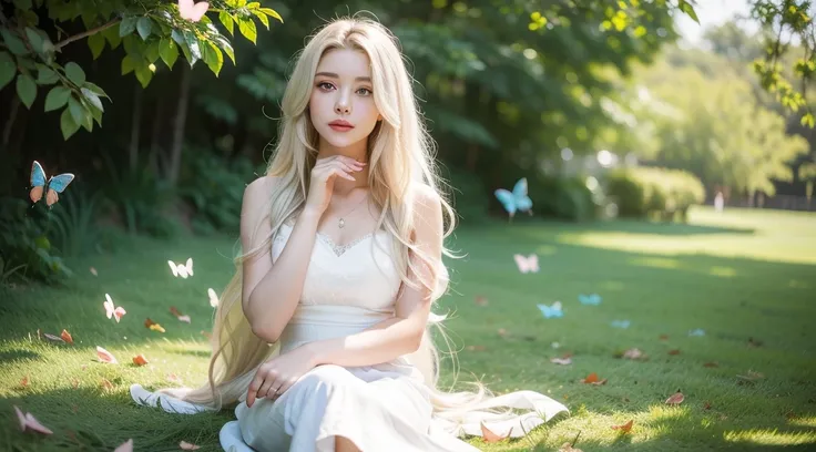 (masterpiece, highest quality), One girl with long white hair sitting on the grass, Put your hand under your chin, Warm lighting, White Dress, ((Colorful butterflies all around))