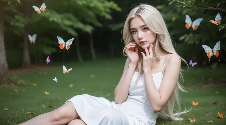 (masterpiece, highest quality), One girl with long white hair sitting on the grass, Put your hand under your chin, Warm lighting, White Dress, ((Colorful butterflies all around))