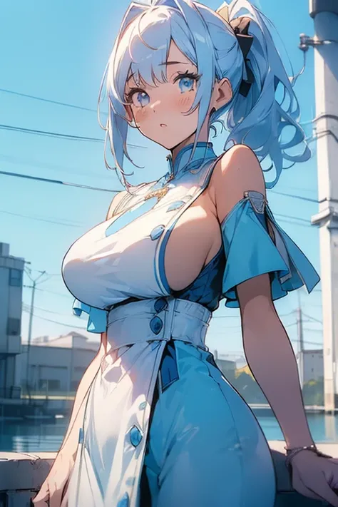 (Low Saturation:1.5),anime,1girl,pov,masterpiece,high quality,High resolution,HD,4K,8K,viscous paint,photo realistic,white hair,(Blue clothe:1.5),Nurse,Ao Dai,Cape,(open shoulders:1.4),underbust,(Type up breast upperside:1.2),(boob shaped clothes:1.3),