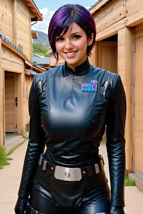 watercolor splash photo sabine wren, big breast ,big smile, , wearing black latex imperial officer  armor at tanzaku town. art b...