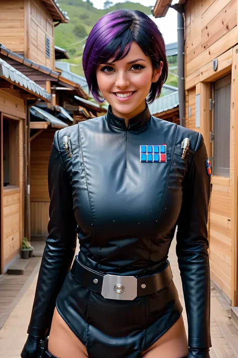 watercolor splash photo sabine wren, big breast ,big smile, , wearing black latex imperial officer  armor at tanzaku town. art b...