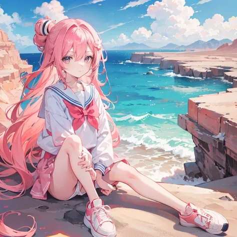 Coral pink hair，Long hair，hair over one eye，Gray eyes，feather hair ornament，girl，cute，，Sailor Suit，Wearing sneakers，whole body，Dont show your arms，The background is in the desert，desert，Blue sky and white clouds