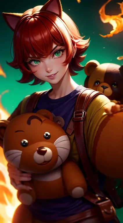 Green Eyes, annie, Red Hair, smiling, brown leather backpack, short hair, fake cat ears, long bangs, fire, teddy bear, tibbers, purple shirt, flame, throwing, close up
