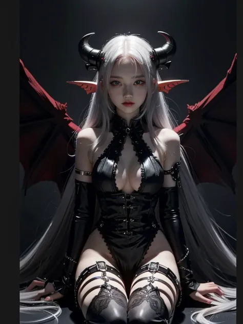 a succubus with red eyes and white hair