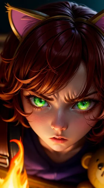 Green Eyes, annie, Red Hair, angry, brown leather backpack, short hair, fake cat ears, long bangs, fire, teddy bear, tibbers, purple shirt, flame, throwing, close up
