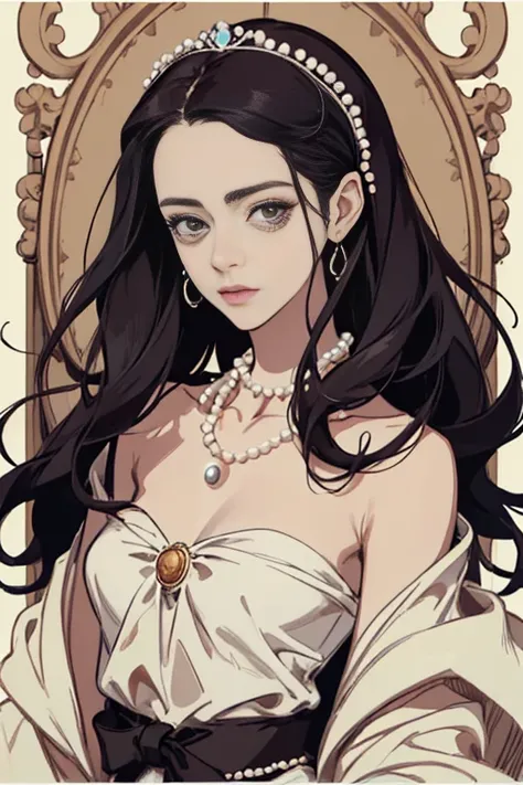 a drawing of a woman with a necklace and pearls around her neck, no art style by bowater, arte digital de um elegante, Retrato anime Kaya Scodelario, Madonna Elegant Genre, in digital illustration style, pintura digital barroca, fanart requintada altamente...