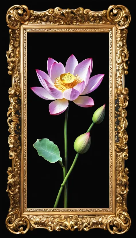 Black background Fit in the frame Small baroque frame at the top center Lotus flower Does not protrude