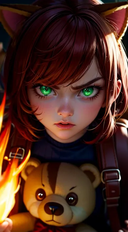 green eyes, annie, red hair, angry, brown leather backpack, short hair, fake cat ears, long bangs, fire, teddy bear, tibbers, pu...