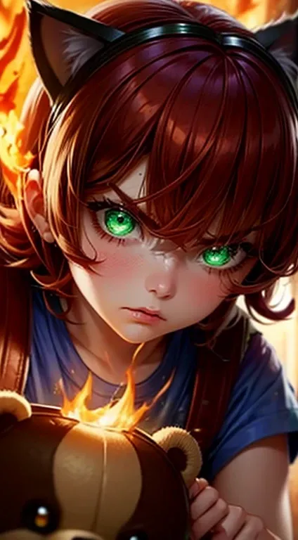 Green Eyes, annie, Red Hair, angry, brown leather backpack, short hair, fake cat ears, long bangs, fire, teddy bear, tibbers, purple shirt, flame, throwing, close up, glowing
