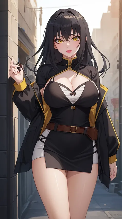 (masterpiece:1.4),(best quality:1.4),  soft light, movie bloom, Pretty Face, beautiful eyes, Cowboy shooting,
1 Girl, Solitary, Female Maturity, Black Hair, Long hair, (Yellow eyes:1.4), A bit big，Large bust，Cleavage，full-body shot, Uniforms, Middle School...