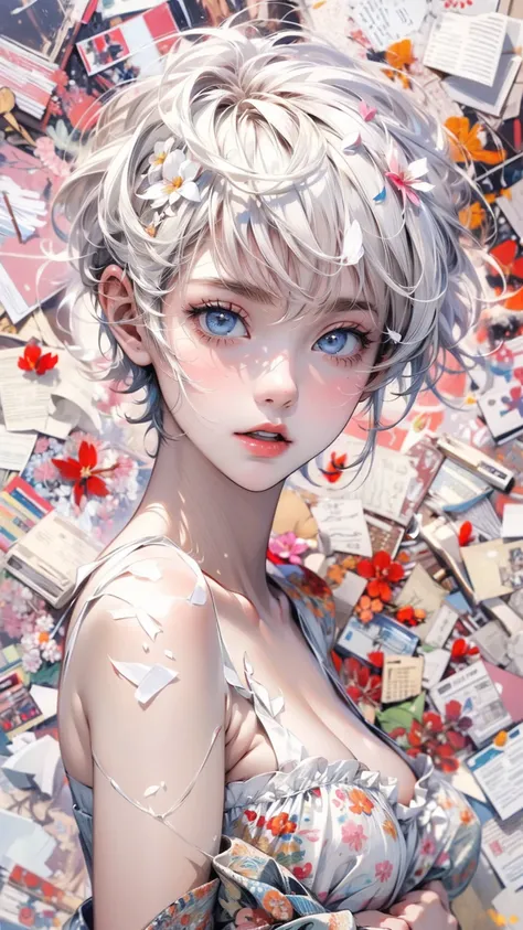 (masterpiece, High resolution, highest quality), Composition from head to thighs:1.3, Upper body focus, A naked 20 year old woman, Short Hair, Disorganized, Collage with petals, abstract design, Impressionism, artistic juxtapositions, White background, mix...