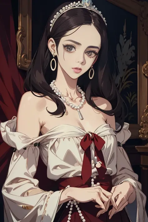 a drawing of a woman with a necklace and pearls around her neck, no art style by bowater, arte digital de um elegante, Retrato anime Kaya Scodelario, Madonna Elegant Genre, in digital illustration style, pintura digital barroca, fanart requintada altamente...