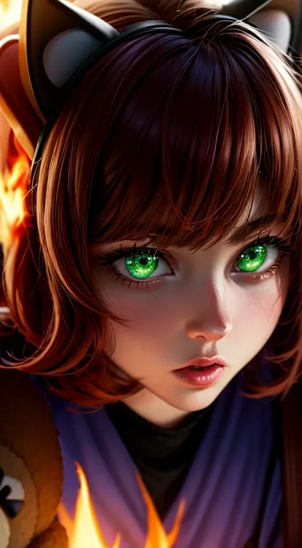 green eyes, annie, red hair, surprised, brown leather backpack, short hair, fake cat ears, long bangs, fire, teddy bear, tibbers...