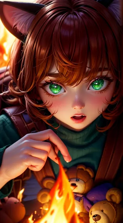 Green Eyes, annie, Red Hair, surprised, brown leather backpack, short hair, fake cat ears, long bangs, fire, teddy bear, tibbers, purple shirt, flame, throwing, close up, glowing
