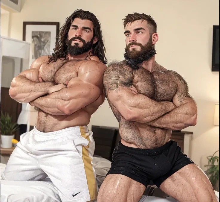 there are two men that are standing up with their arms crossed, hirstute and muscled, hairy bodies, very hairy bodies, two muscular men entwined, greg rutkowski and edgar maxence, muscular men entwined together, 2 muscular attractive men, vitaly bulgarov a...