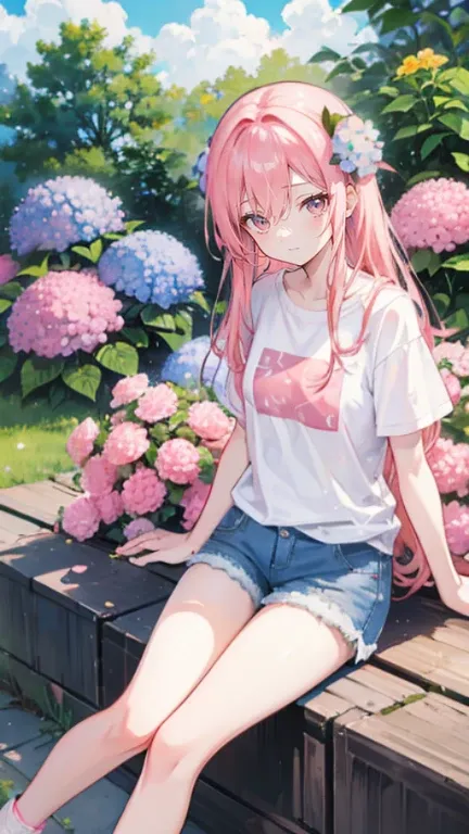 Coral pink hair，Long hair，hair over one eye，Gray eyes，feather hair ornament，cute，Girl，laughing expression，White short sleeve，Denim shorts，Wearing sneakers，Sitting on the ground，whole body，Dont show your arms，Background is hydrangea，Lots of hydrangeas，many ...