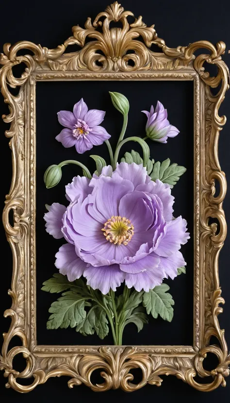 Black background, Fit in the frame, Center, Rococo frame, Pale purple flower, No protrusion