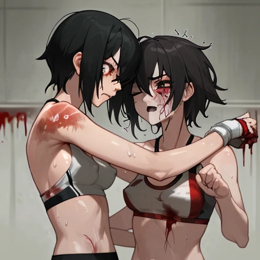 A match between two beautiful high school girls mixed martial artists。Covered in blood、Covered in wounds and in a bad shape。After the match、Throw off your sports bra、They praise each other for their efforts.。Facial swelling。Bruised body。With one eye closed...