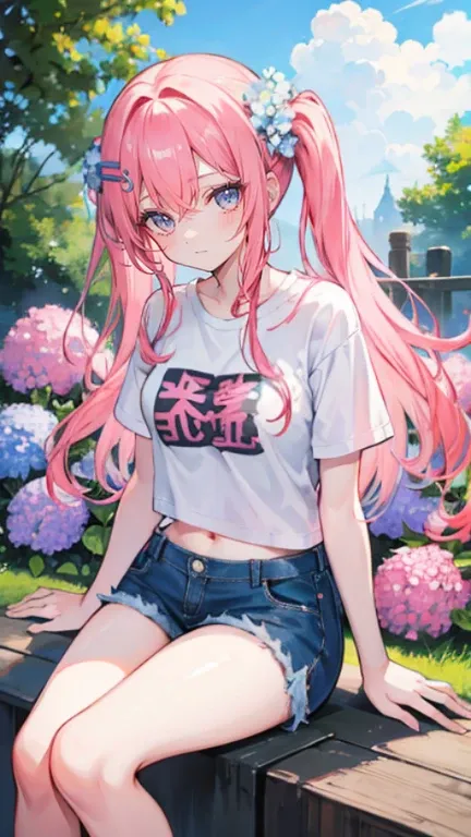 Coral pink hair，Long hair，hair over one eye，Gray eyes，feather hair ornament，cute，Girl，laughing expression，Short sleeves with open shoulders，Denim shorts，Navel，Wearing sneakers，Sitting on the ground，whole body，Dont show your arms，Background is hydrangea，Lot...