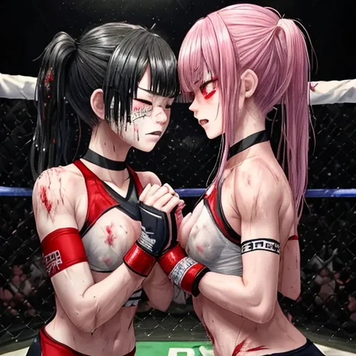 A match between two beautiful high school girls mixed martial artists。Covered in blood、Covered in wounds and in a bad shape。After the match、They praise each other for their efforts.。Facial swelling。Bruised body。With one eye closed, it seems painful。Fightin...