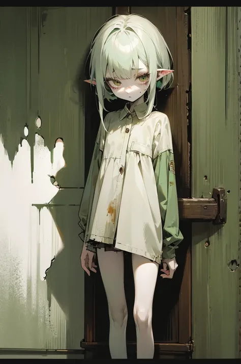 95 centimeters tall, goblin girl, pale green skin, small frame, dirty. Wearing tattered clothing