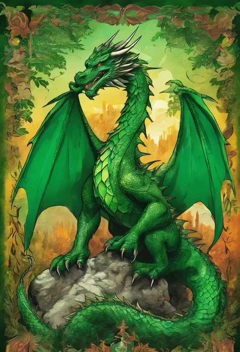 combative irish green emerald green dragon, regard et posture combat, green forest background ::2 colorful ink painting ::2 art fantasy