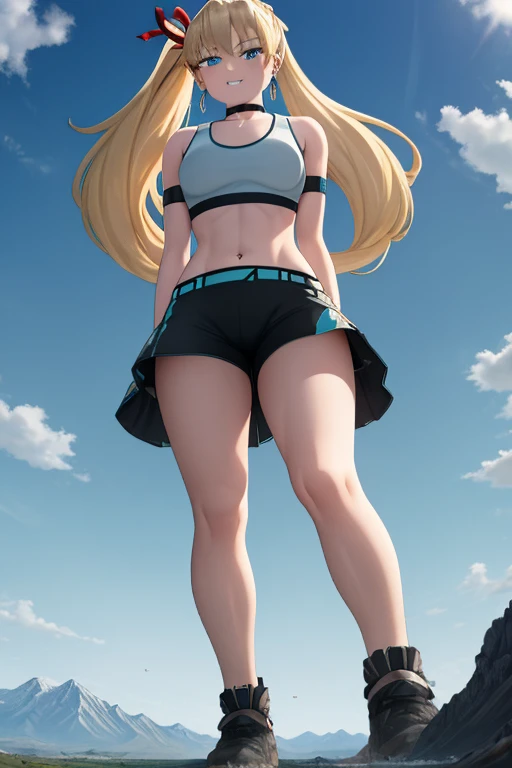 hmmarnie, aqua eyes, black choker, red ribbon, earrings, jewelry, midriff, sports bra, bare shoulders, pants, leggings, evil grin, mountain range, stomping, destruction, craters, crossed arms, GTSGiga, size difference, giga giantess, 1girl, solo, giga gian...