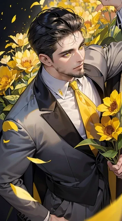 ((masterpiece)),(((best quality))), (detailed light) (detailed shadow), (high quality, breathtaking), (expressive eyes, perfect face), 1man, solo, male, tall, ((mature)), board shoulder, muscular, (stubble bearded), short black hair, (((yellow eyes))), hap...